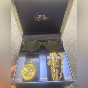 Black Sunglasses and Gold Watch Set